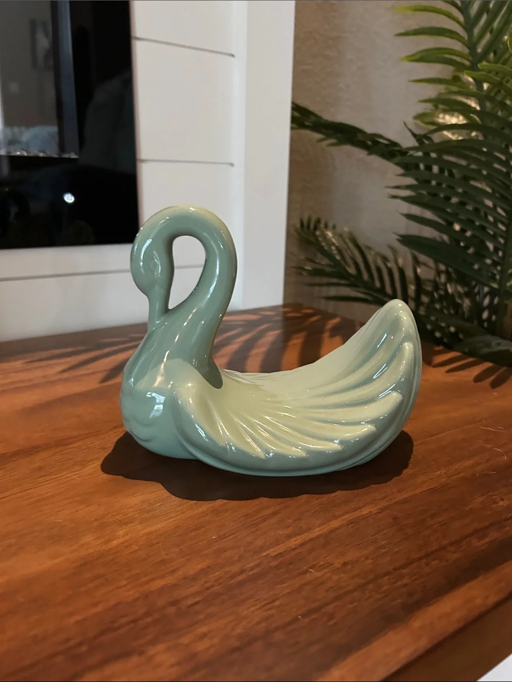 Vintage Glossy Teal Ceramic Swan Figurine Accent